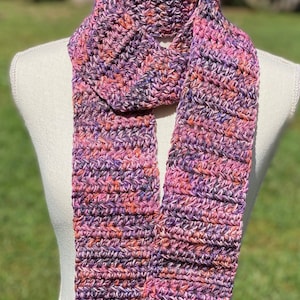 Superwash Merino Wool Mix Crocheted Scarf, Purple Pink Orange Scarf, Long Scarf