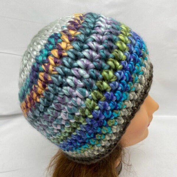 Chunky Funky Crocheted Beanie, Crocheted Scrap Hat, Ombre Beanie