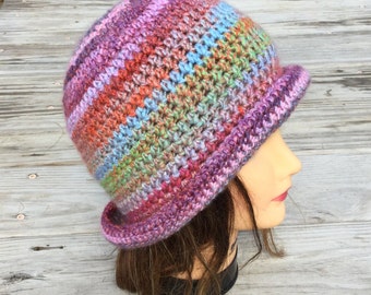 Crochet Hat With Brim, Rolled Brim Hat, Funky Bucket Hat