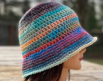 Crochet Brimmed Hat, Funky Colorful Boho Hat