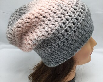 Wool Mix Crochet Slouch Hat, Slouchy Hat, Pink and Gray Wool Hat