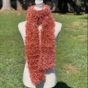 Copper and Gold Fun Fur Scarf, Fuzzy Crochet Scarf, Eyelash Yarn Scarf