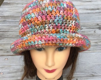 Crochet Hat With Brim, Rolled Brim Hat, Funky Bucket Hat