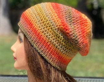 Orange and Green Wool Mix Crochet Slouch Hat, Light Weight