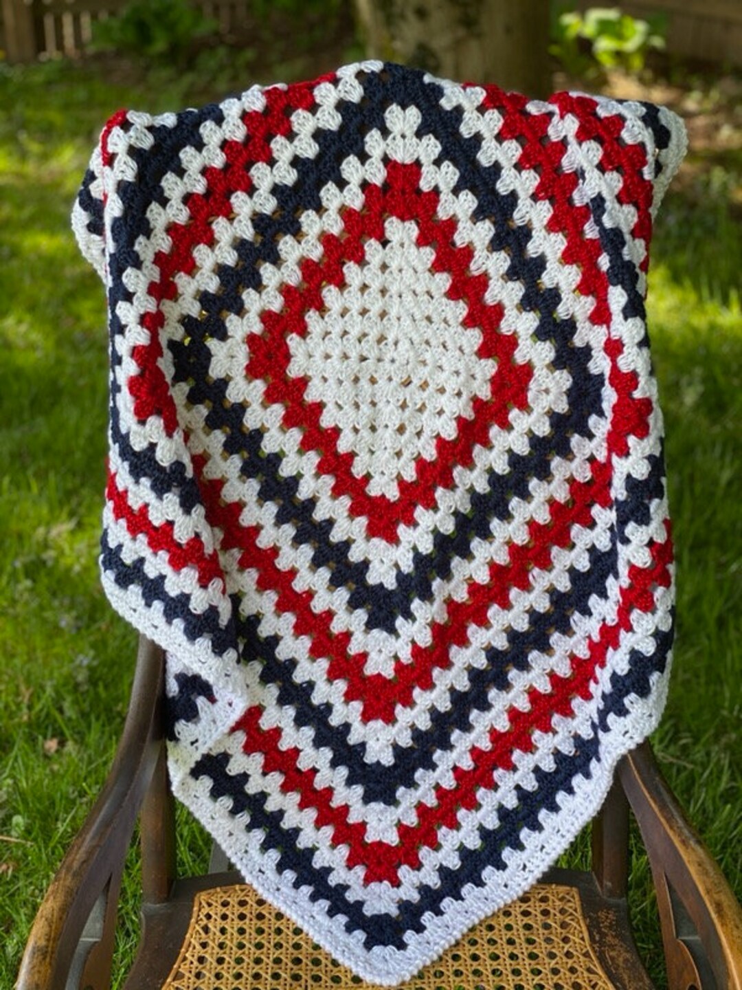 Red and blue crochet blanket best sale