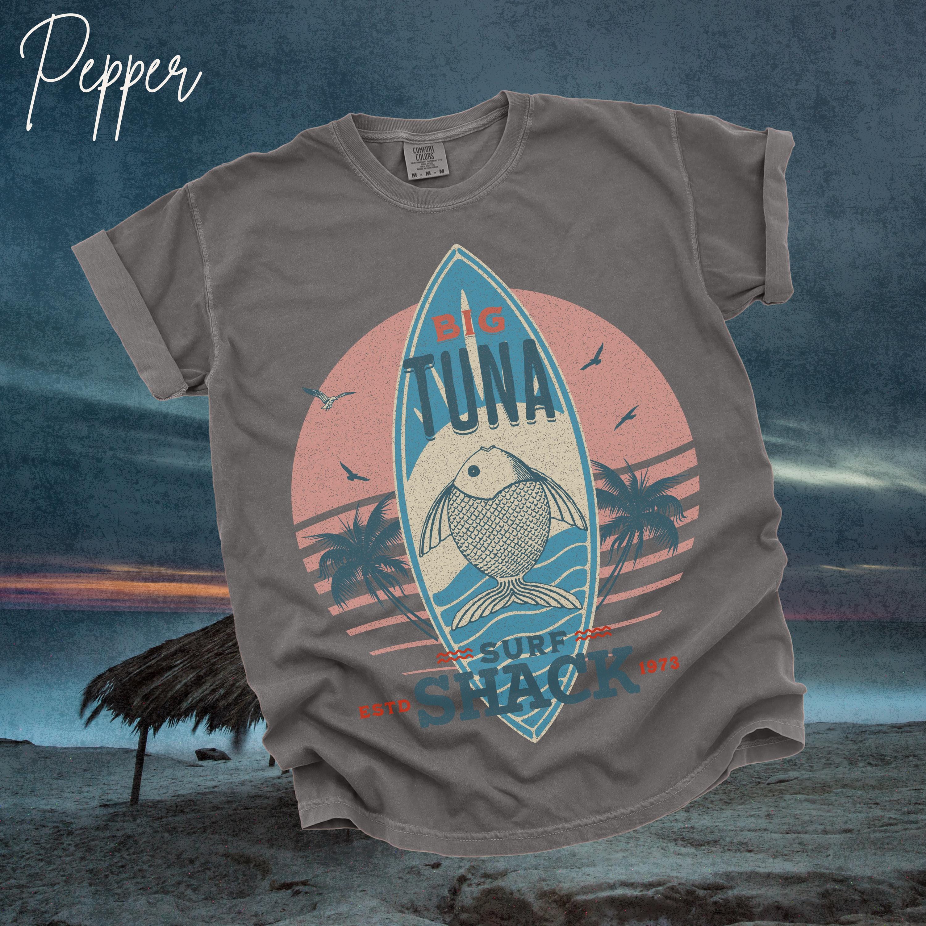 Retro Big Tuna Surf Shack T Shirt | Comfortable Cotton 1970's Style Tee | Vintage Distressed Design Top For Surfing | Nice Oversized Shirt