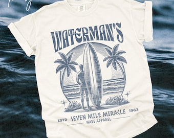 Vintage Waterman Surf Tee | Retro Designed Classic 1960&#39;s Distressed Watermen Surfing Top, Comfortable Baggy TShirt For Surfers, Old School