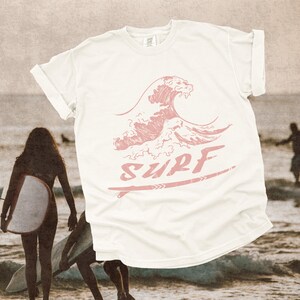 Vintage Designed Surf Wave T Shirt | Cool Retro Beach Vibes Distressed Tee | Surfer Gift | Comfortable Surfing Shirt | Surf and Board