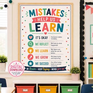 ARCHIVO DIGITAL - Póster "Los errores nos ayudan a aprender" - Mentalidad de crecimiento - Decoración para el aula - Póster imprimible para aula de primaria - 18x24