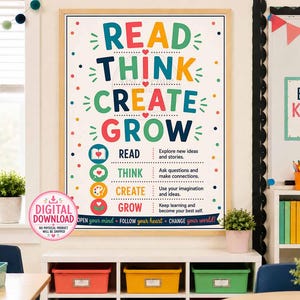DIGITAL FILE - Read Think Create Grow Classroom Poster Reading Decor Printable Elementary Classroom Poster Growth Mindset Wall Art 18x24