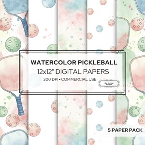 May include: Watercolor digital papers featuring pickleball paddles and balls in shades of blue, pink, and green. The papers have a watercolor effect with splatters of color. Text on the image reads "WATERCOLOR PICKLEBALL 12x12" DIGITAL PAPERS 300 DPI COMMERCIAL USE 5 PAPER PACK."