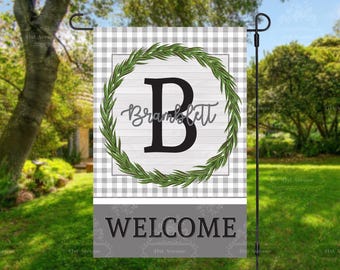 DIGITALE DATEI - Hellgrauer weißer Gingham, Bauernhaus-Stil, Willkommenskranz, leer für Personalisierung, Gartenflagge Sublimationsdesign