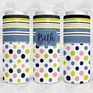 DIGITAL FILE - Blue Polka Dot & Stripes, Metal Slim Can Cooler, Metal Skinny Can Cooler, Blank for Personalization, Sublimation Design