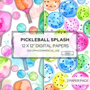 May include: Watercolor digital papers featuring pickleball paddles, balls, and splash designs in shades of pink, orange, blue, and green. The text "PICKLEBALL SPLASH 12 X 12" DIGITAL PAPERS" is displayed. Includes a 2 paper pack.