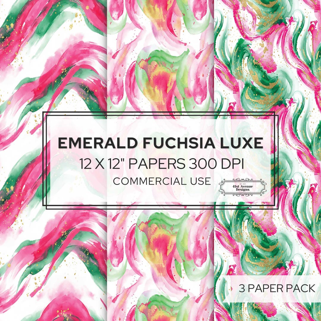 DIGITAL FILE - Emerald Fuchsia Luxe, Watercolor Digital Paper Pack ...