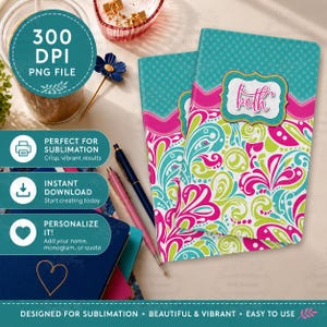 May include: Two personalized notebooks with a vibrant floral design in teal, pink, and green. The notebooks have a teal dotted top and a pink border. The name "Beth" is displayed in a decorative frame. The image also includes pens and design elements.