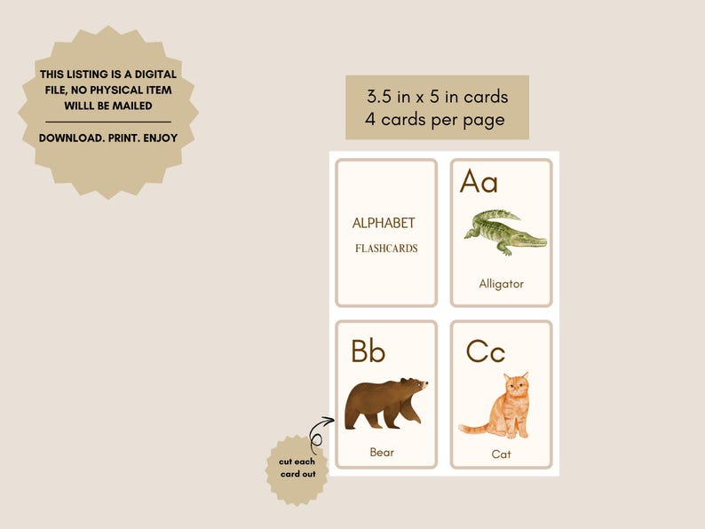 Flash Cards Text Alphabet Flashcards for Kids, Animal Themed Alphabet Flashcards ...