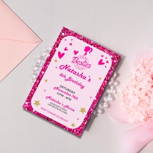 Hot Pink Birthday Party Invitation, Editable Pink Doll Party Invitation, Doll Invitation Template, Kids Birthday Party Invite, Doll invite