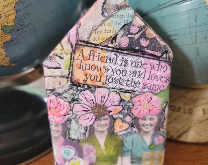 Featured listing image: Handmade Mixed Media Collage Bookend on Reclaimed Wood | Friendship Quote Art  | Inspirational Gift for Best Friend