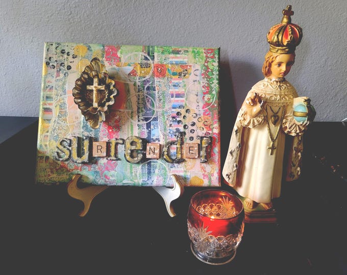 Featured listing image: Mixed Media Religious Wall Art “Surrender” | Word of the Year Decor | Inspirational Faith Gift