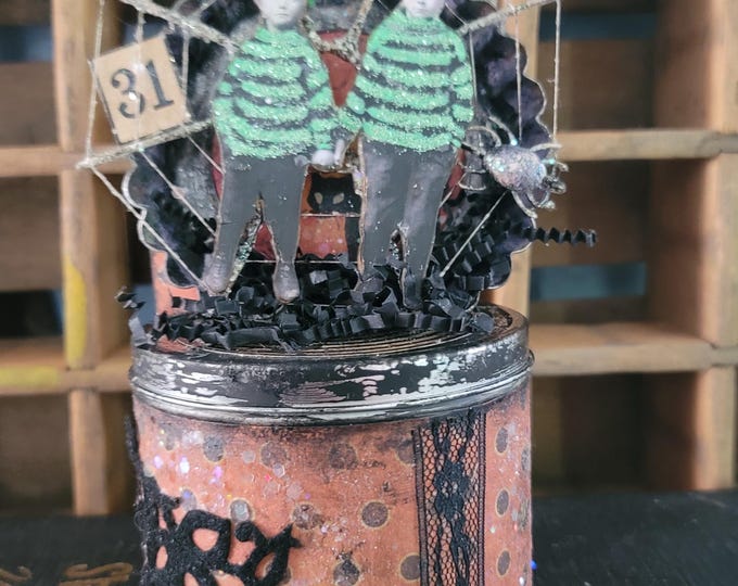 Featured listing image: Vintage Halloween Altered Tin Assemblage | Spooky Black Cat and Boys Decor | Mixed Media Whimsical Creepy Vignette | Gothic Candy Container