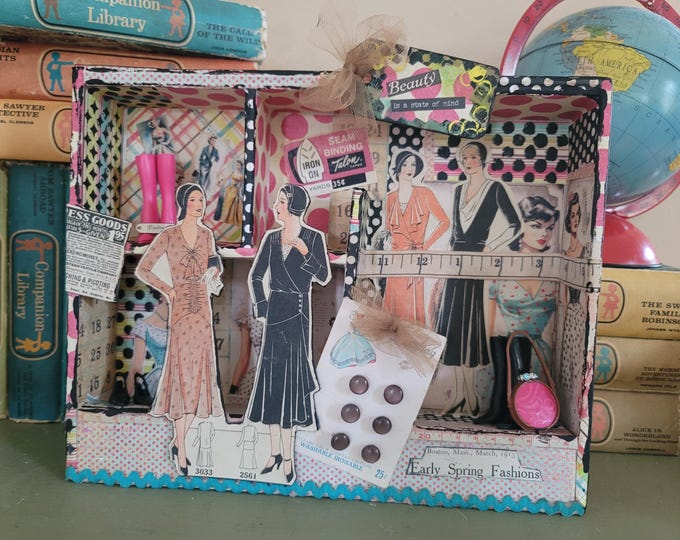 Featured listing image: Vintage Fashion Seamstress Shadow Box Assemblage