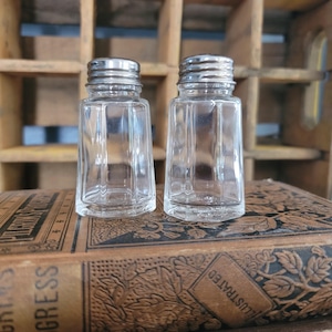 May include: A pair of clear glass salt and pepper shakers with a hexagonal base and a ribbed design. Each shaker features a metallic screw-on lid with horizontal ridges. The glass is transparent, showcasing a faceted shape that tapers toward the top.