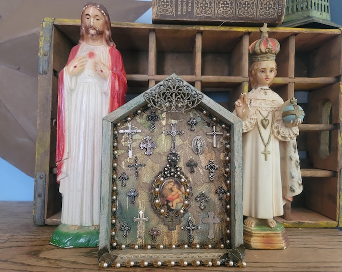 Featured listing image: Catholic Shrine Art | Handmade Rosary Shadowbox | Religious Altered Art | Madonna & Child Decor