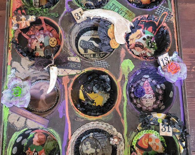 Featured listing image: Vintage Halloween Assemblage Art, OOAK Muffin Tin Shadow Box, Creepy Cute Oddities Decor, Goth Spooky Mixed Media Altered Art Wall Hanging