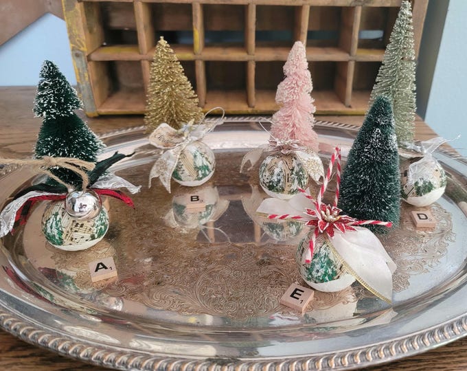 Featured listing image: Handmade Vintage 1850s Sheet Music Christmas Ornaments | Hand Painted Tree Bauble | Red  and Pink Poinsettia | Silver Star | Sold Separately