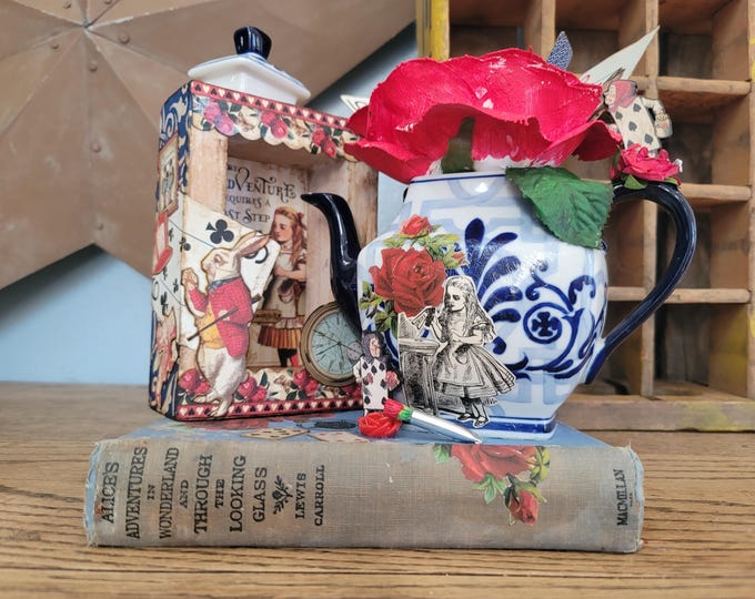 Featured listing image: Alice in Wonderland Art Assemblage – Altered Book Sculpture with Teapot, Mad Hatter, Literary Mixed Media Shadow Box
