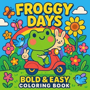 May include: A colorful coloring book cover with the title "FROGGY DAYS" in yellow letters. A green frog rides a red scooter with a white bunny passenger. The background features a rainbow, flowers, and birds. The text "BOLD & EASY COLORING BOOK" is at the bottom.