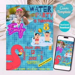 Wasser Party Geburtstagseinladung Canva Vorlage | Bearbeitbare Pool-Party einladen | Sofortdownload | 5x7 Schwimmen Digitale Geburtstagskarte