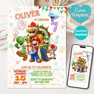 Editable Watercolor Bross Mario Birthday Invitation, ANY AGE Nitendo Boy Girl Birthday Invite, Modern Mario Bross Game Invitation CANVA