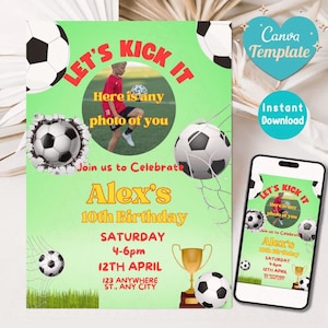Convite de aniversário de futebol | Convite para festa de futebol infantil | Modelo editável do Canva | Cartão de aniversário esportivo para impressão instantânea
