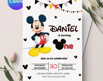 Oh Twodles Einladung, Mickey Geburtstagseinladung, Mickey Mouse Einladungen, Maus bearbeitbare Einladung, Mickey Twodles einladen, Canva