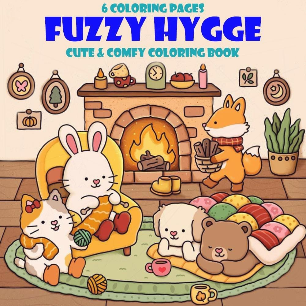 Fuzzy Hygge Libro de Colorear Relajación de Coco Wyo – Descarga Digital Instantánea PDF, 6 páginas en trazos gruesos y fáciles