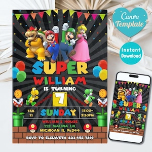 Editable Watercolor Mario Bross Birthday Invitation, ANY AGE Nitendo Boy Girl Birthday Invite, Modern Mario Bross Game Invitation CANVA