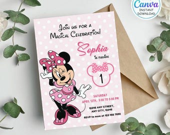 Editable Minnie Mouse Birthday Invitation, Minnie Mouse Birthday, 1st Birthday, Mouse Birthday Invite, Girls minnie invitations