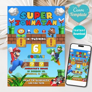 Editable Watercolor Bross Mario Birthday Invitation, ANY AGE Nitendo Boy Girl Birthday Invite, Modern Mario Bross Game Invitation CANVA