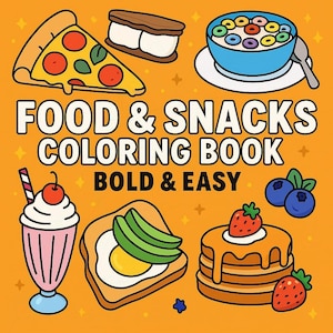 以下が含まれることがあります： 「食べ物とスナックぬりえ」のカラフルなイラスト。ピザ、アイスクリームサンドイッチ、シリアル、ブルーベリー、ミルクセーキ、アボカドと卵のトースト、イチゴのパンケーキが描かれています。オレンジ色の背景です。