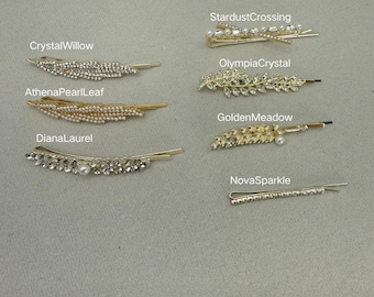 Gold Leaf Hair Pins | Bridal Bobby Pins | Pearl Feather Hair Slide | Wedding Hair Accessories | Crystal Botanical Hair Piece | Brides Gift