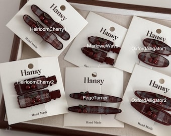 Dark Academia Plaid Hair Clips with Cherry | Preppy Tartan Barrettes | Vintage Schoolgirl Aesthetic | Cute Fall Hair Accessories | Set of 2