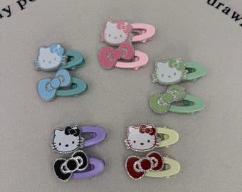 Kawaii Glitter Cat  Bow Hair Clips Set | Y2K Anime Kitty Snap Barrettes | Cute Harajuku Hair Accessories | Pastel & Gothic Colors | 2pcs