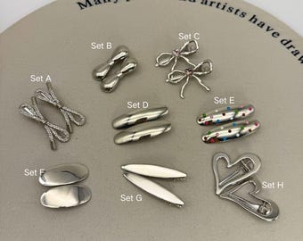 Silver Bow Hair Clip Set, Coquette Aesthetic Barrette, Y2K Metallic Snap Clips, Minimalist Heart Hair Pin, Bridesmaids Gifts, Birthday Gifts