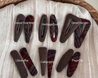 Dark Academia Plaid Hair Clips | Brown Tartan Fabric Snap Barrettes | Minimalist Library Aesthetic | Fall Winter School Hair Accessories