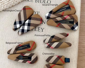 Classic Beige Plaid Hair Clips Set, Camel Tartan Snap Barrettes, Preppy Fall Hair Accessories, Academia Aesthetic, Fabric Wrapped Hair Pins