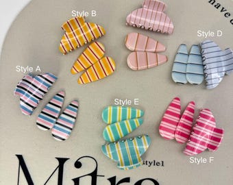 3Pcs Striped Hair Clip Set | Colorful Acrylic Claw Clip & Snap Clips | Y2K Aesthetic Hair Accessories for Women | Retro Cute Gift for Her