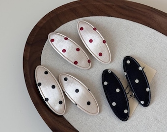 French Style Polka Dot Hair Clips | Silky Satin Oval Snap Barrettes | Retro Vintage 60s Hair Accessories | Black White & Red Bangs Clip