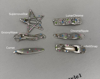 Y2K Silver Krom Hårspännen | Färgglada Konfettiprickar | Stjärnvågigt Tryckknappsspänne | 90-tals Retro Minimalistiska Funky Håraccessoarer